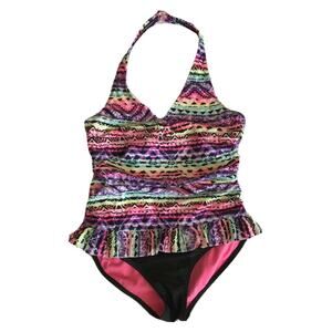 Wonder nation Girls one Pc Bathing Suit Ruffle Ruched Geometric Rich Black 10-12